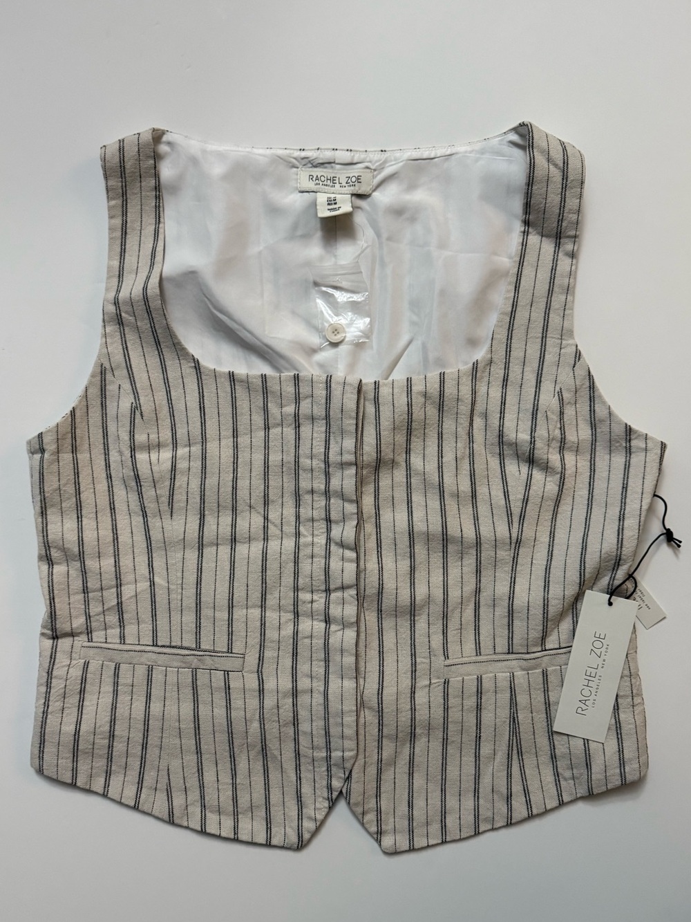 New, Rachel Zoe Beige and Black Striped Linen-Blend Vest